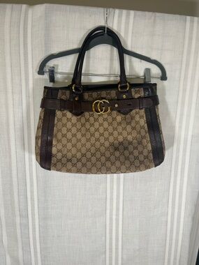 Gucci Beige GG Canvas Shoulder Bag with Brown Leather Trim and Gold Hardware